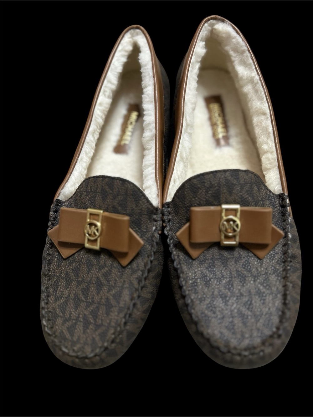 Michael Kors Brown Logo Bow Moccasin Slippers with Gold MK Hardware